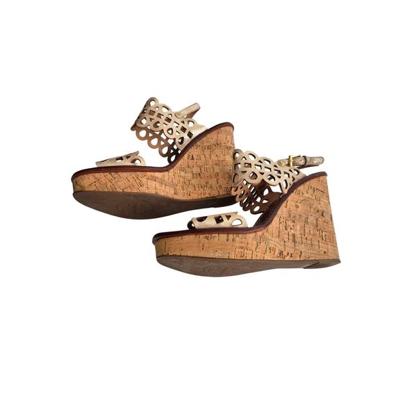 Tory Burch Nori Metallic Gold Leather Platform Cork Wedge Sandals 10.5 M Glam - Picture 3 of 11